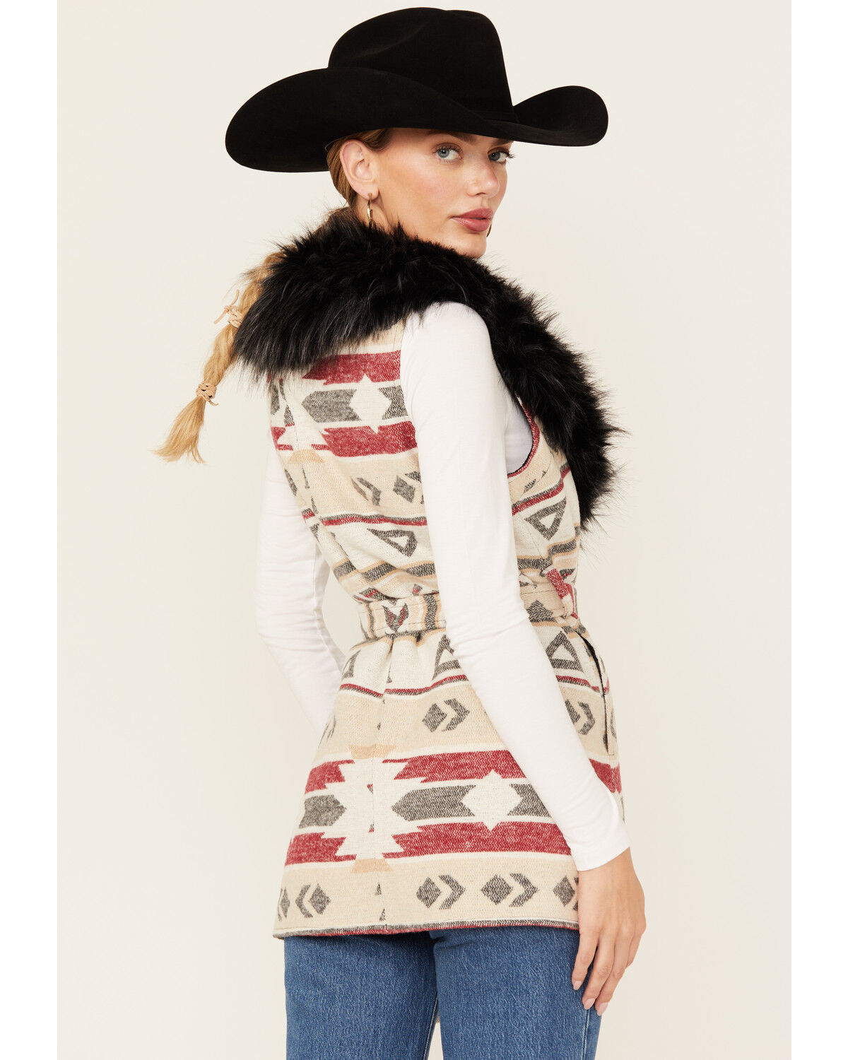Cripple Creek Women's Southwestern Print Fur Collar Wrap Vest