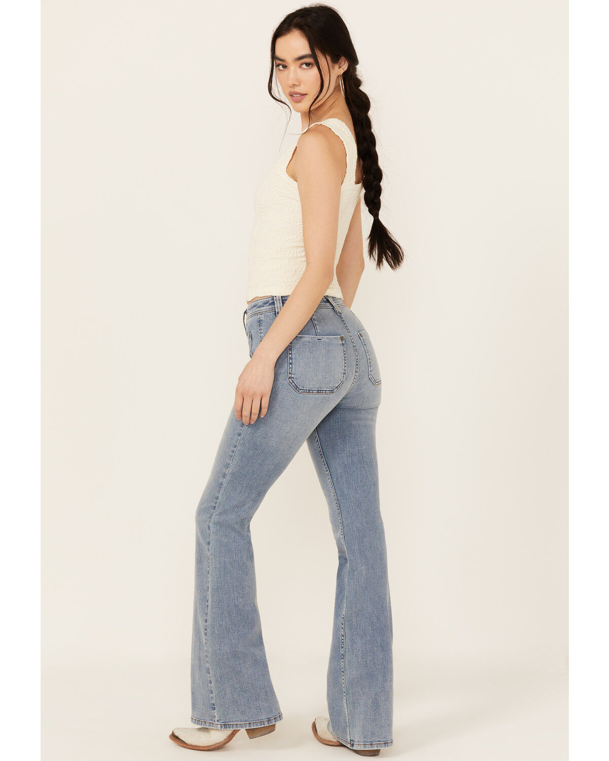 Shyanne Women's Luna Medium Wash High Rise Patch Pocket Flare Comfort Stretch Denim Jeans