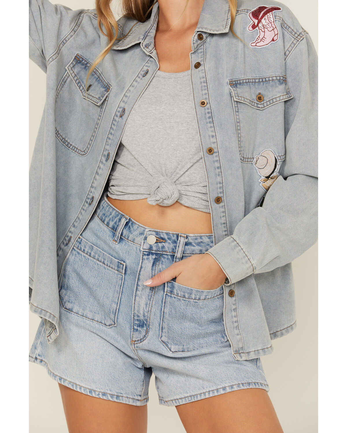 Blue B Women's Light Wash Denim Western Patchwork Long Sleeve Button-Down Western Shirt