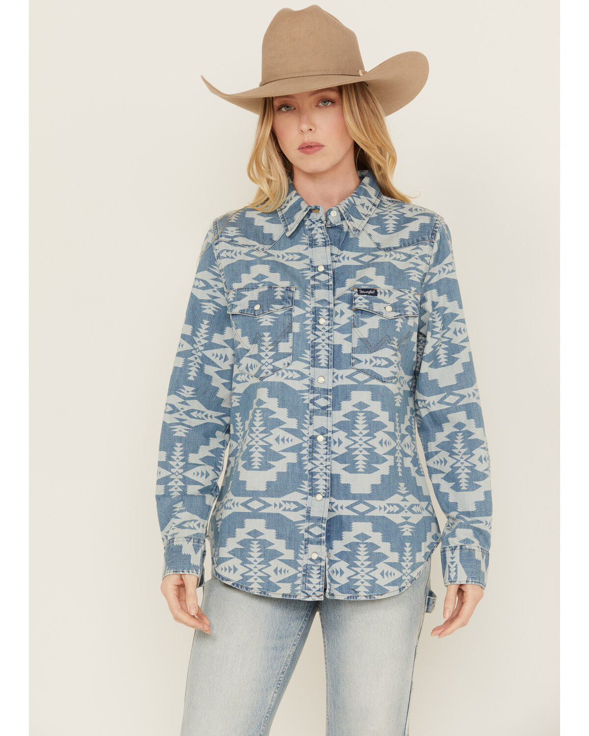 Wrangler Retro Women's Southwestern Print Long Sleeve Pearl Snap Denim Western Shirt