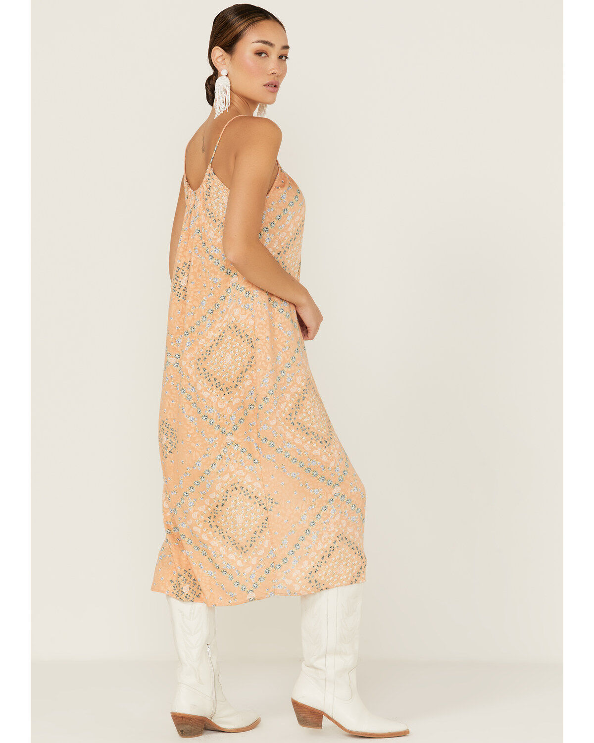 Wild Moss Women's Satin Printed Keyhole Slip Midi Dress