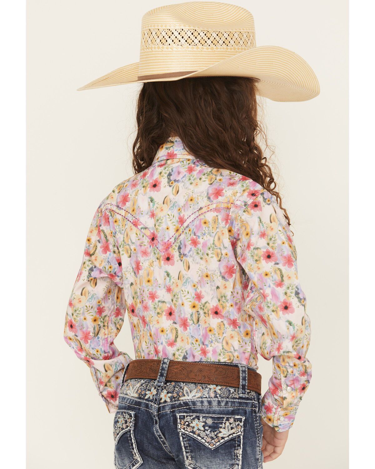Cowgirl Hardware Girls' Floral Print Long Sleeve Rhinestone Snap Stretch Western Shirt