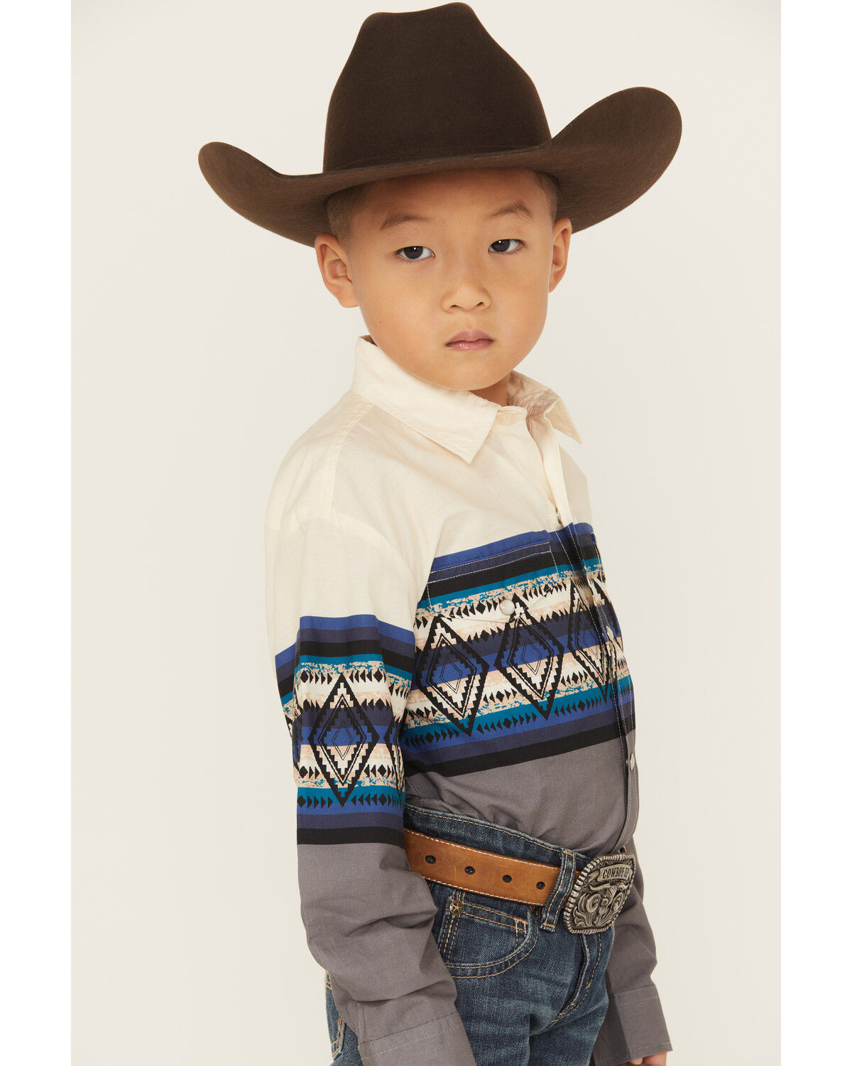 Roper Boys' Southwestern Striped Border Print Long Sleeve Pearl Snap Western Shirt
