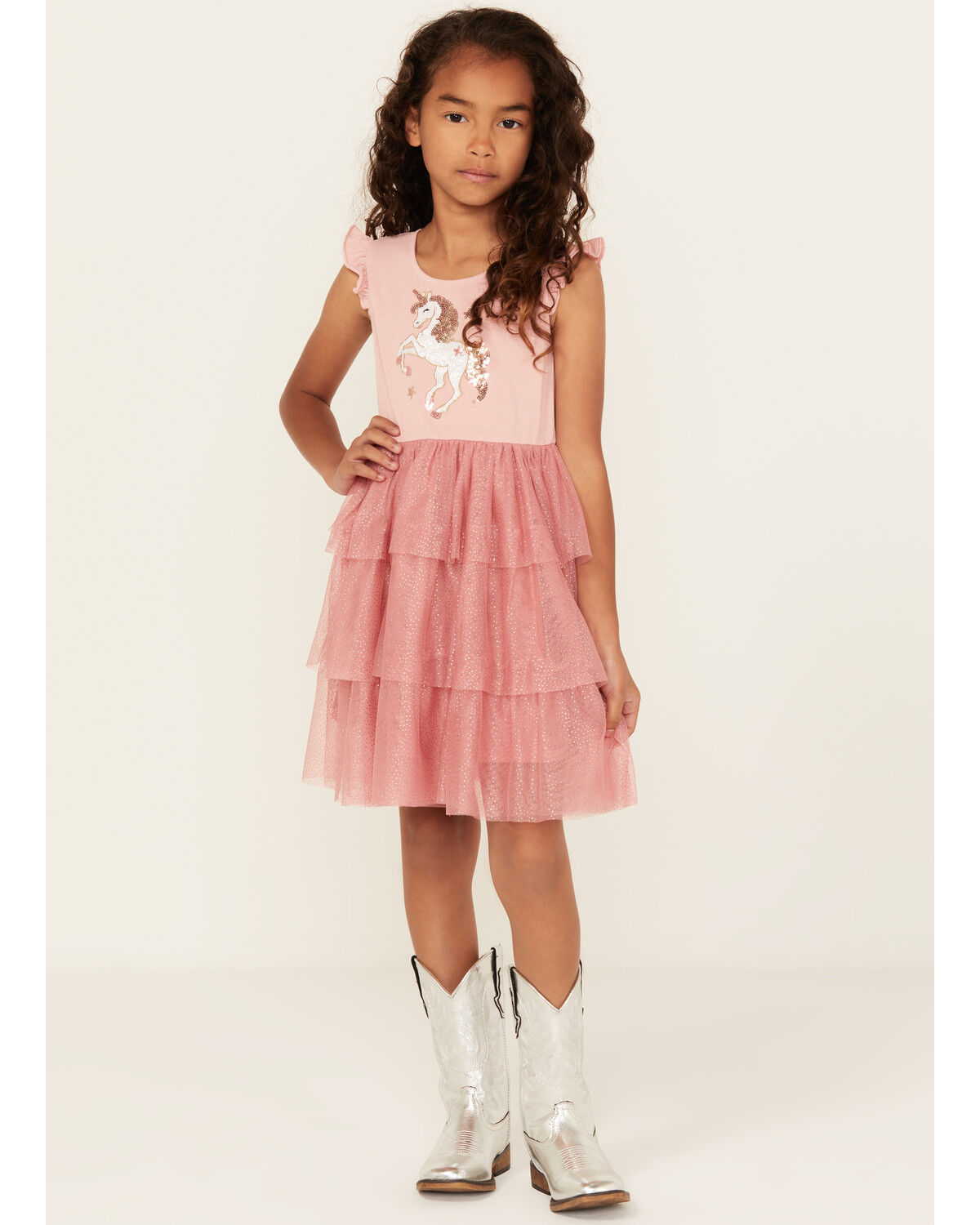 Sugar California Girls' Unicorn Sequin Tiered Ruffle Dress