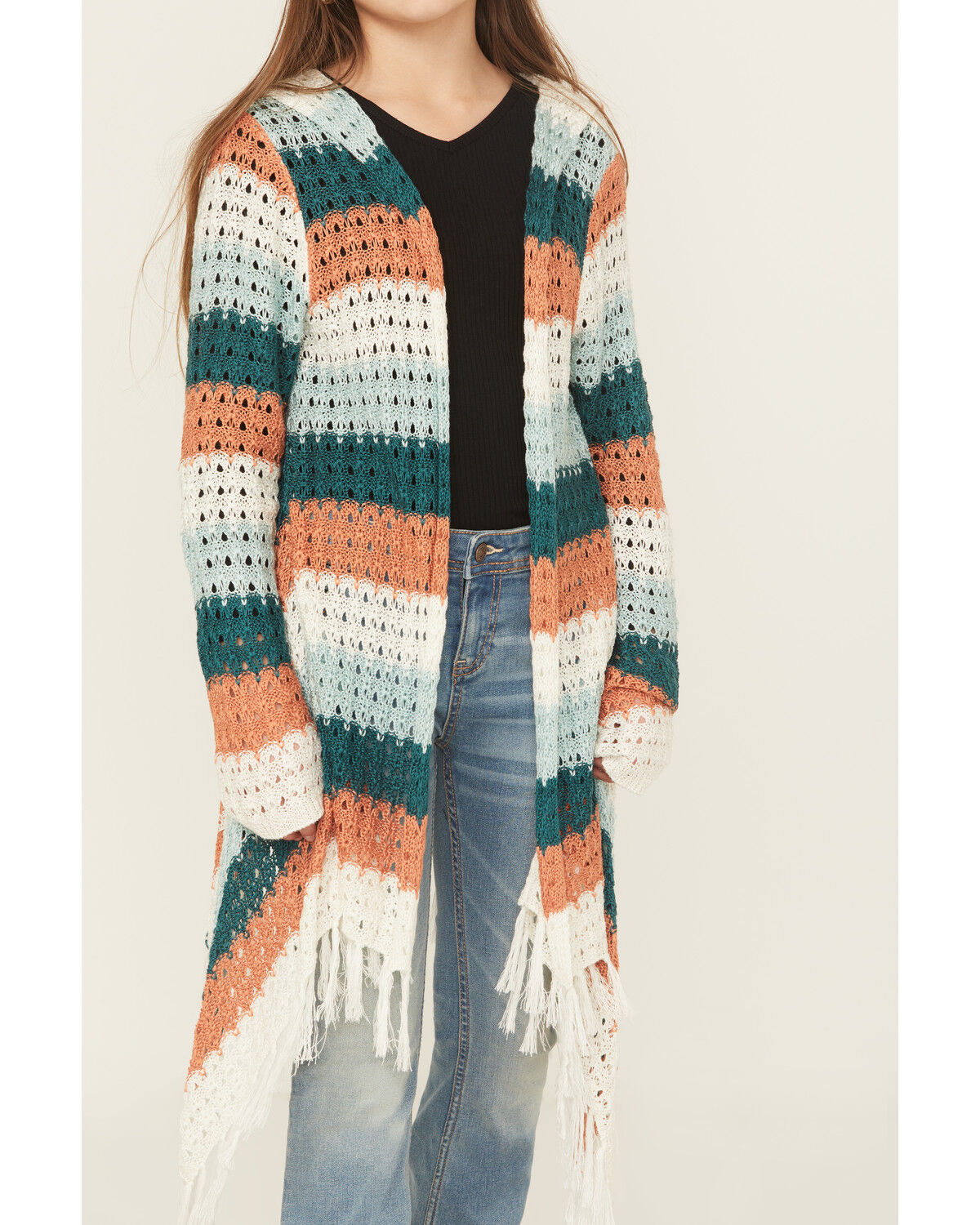 Rock & Roll Denim Girls' Striped Fringe Cardigan