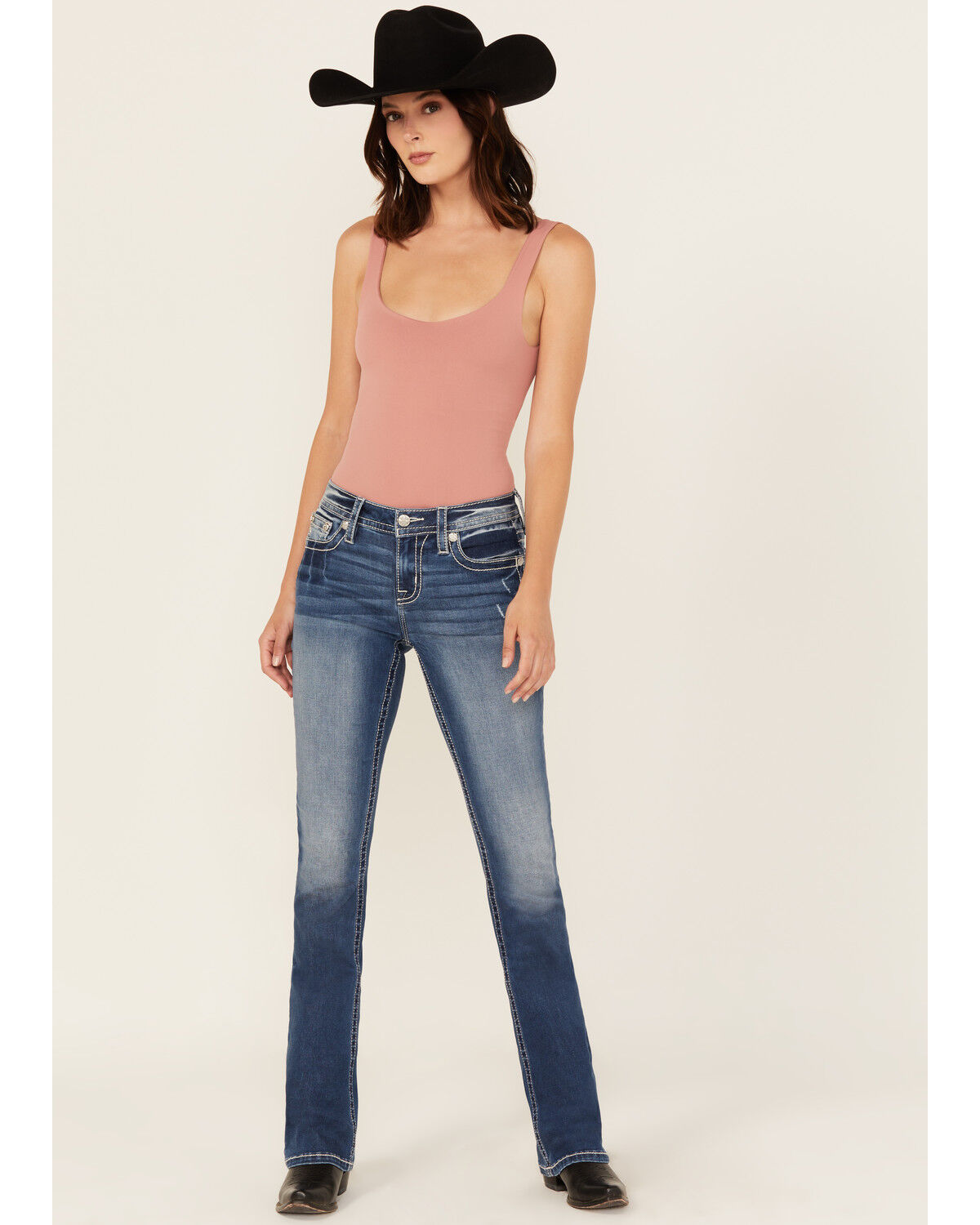 Miss Me Women's Medium Wash Mid Rise Steer Head Bootcut Stretch Denim Jeans