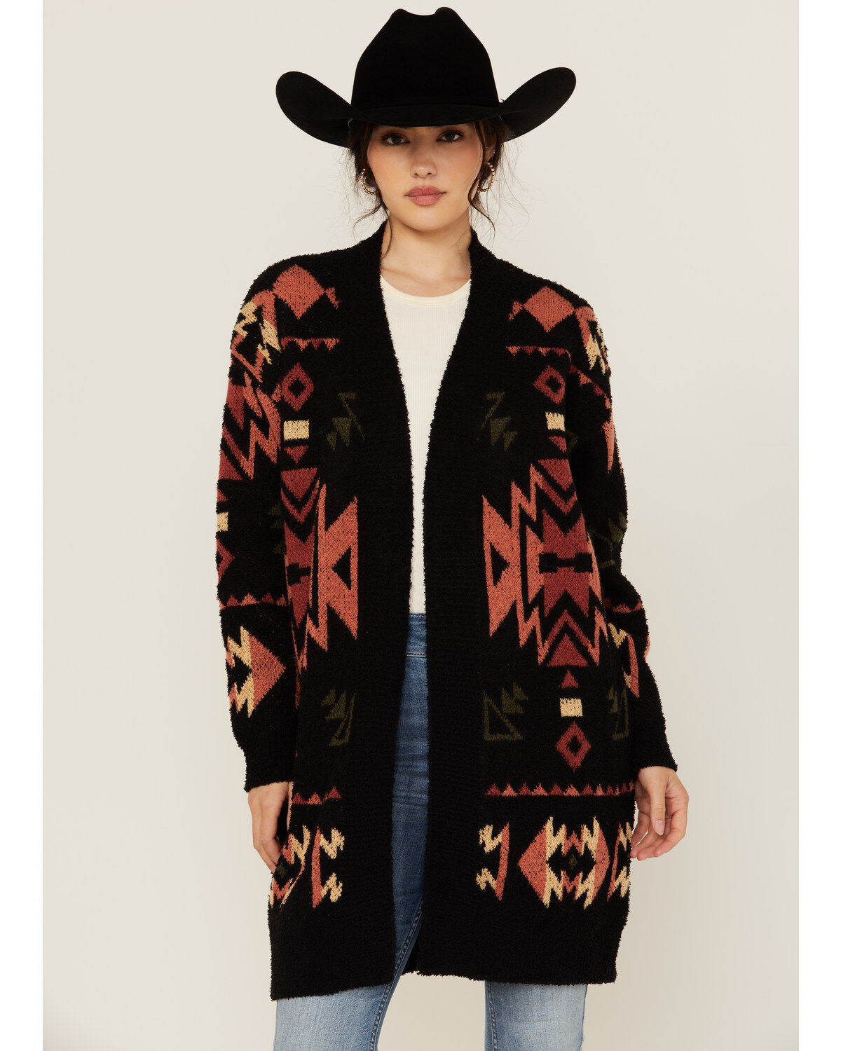 Angie Women's Southwestern Print Open Front Sweater