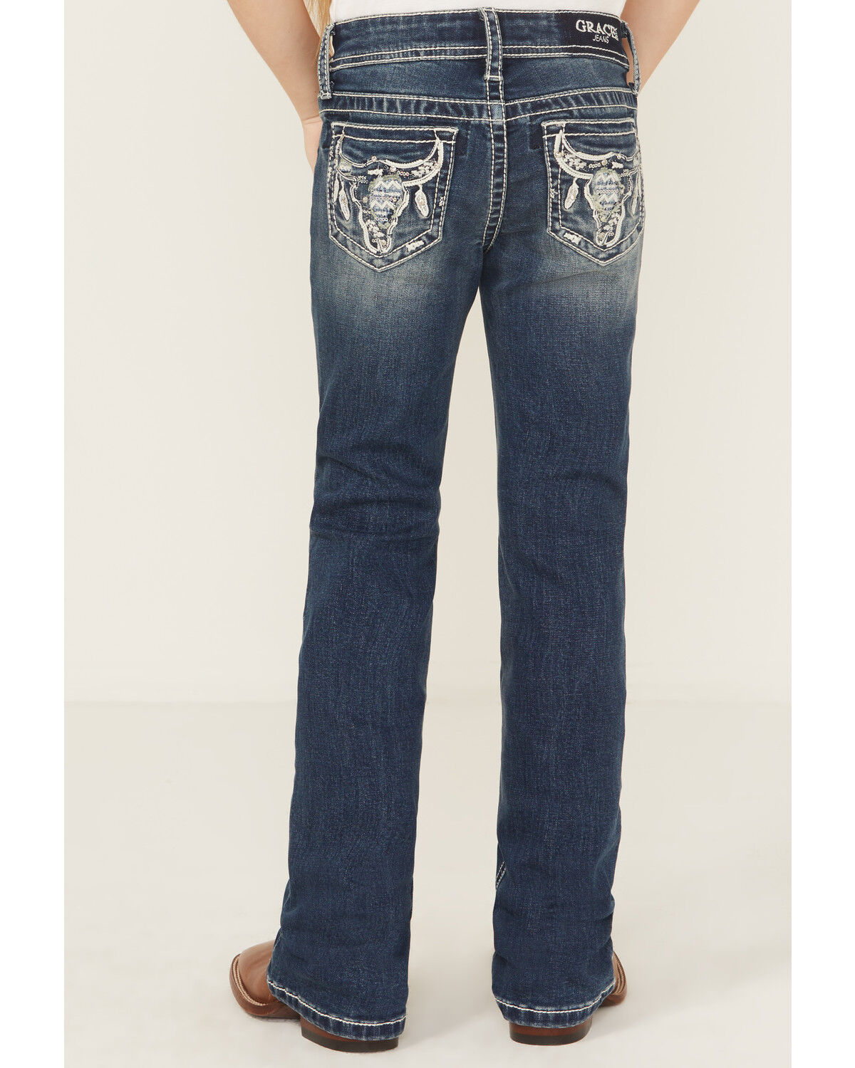 Grace in LA Girls' Dark Wash Steer Head Pocket Bootcut Denim Jeans