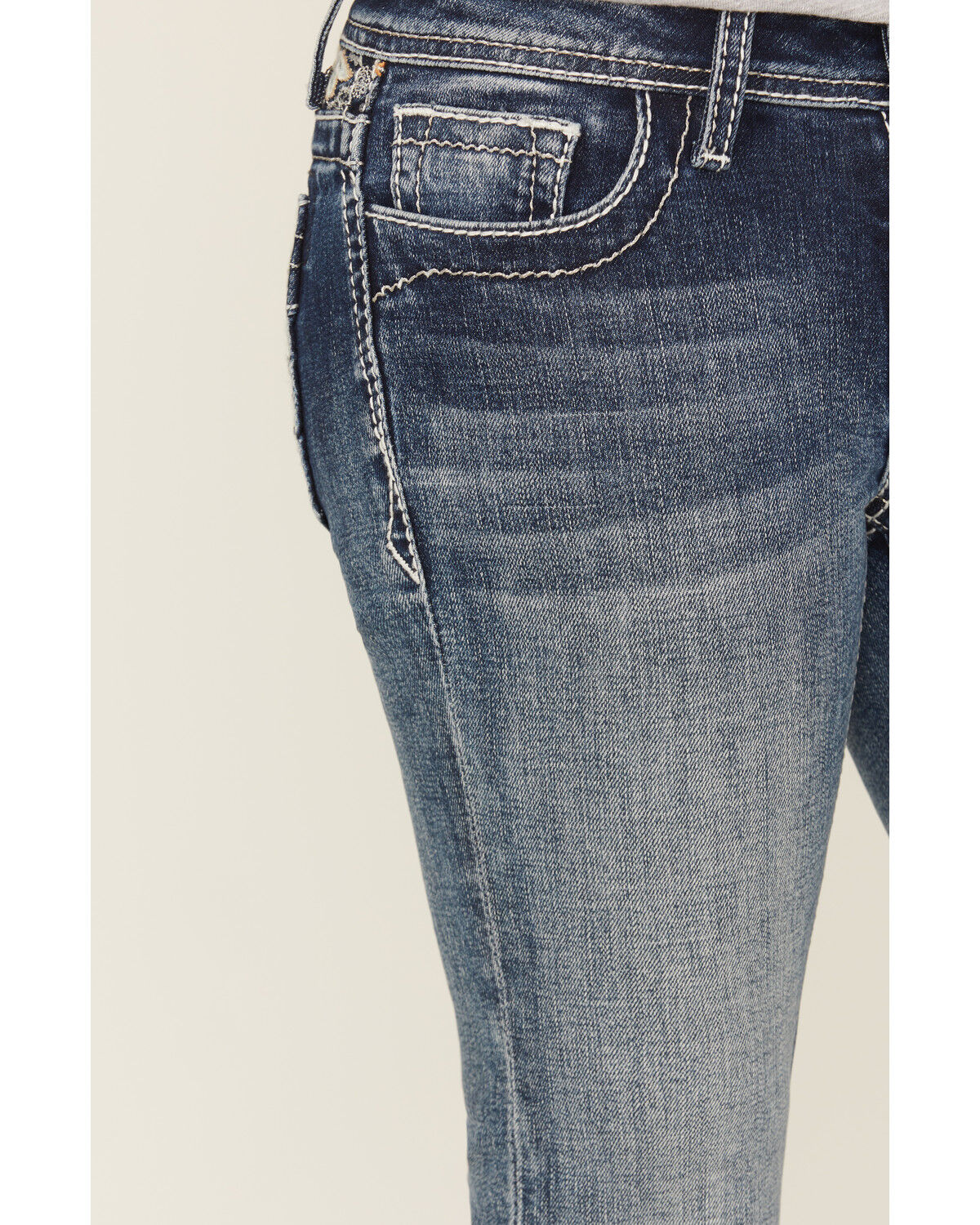 Grace In LA Girls' Medium Wash Floral Embroidered Faux Flap Pocket Bootcut Stretch Denim Jeans