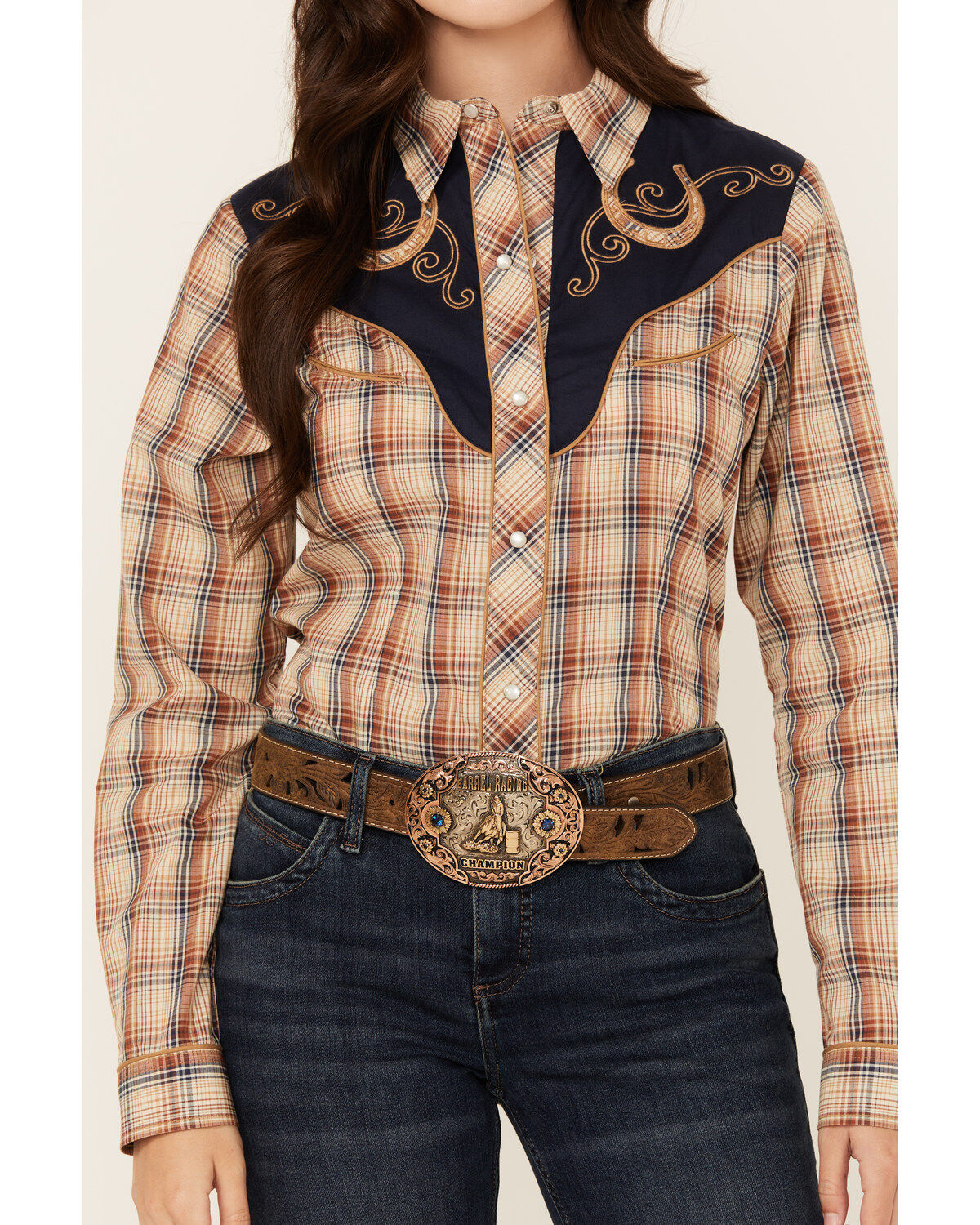 Roper Women's Embroidered Yoke Plaid Print Long Sleeve Snap Western Shirt