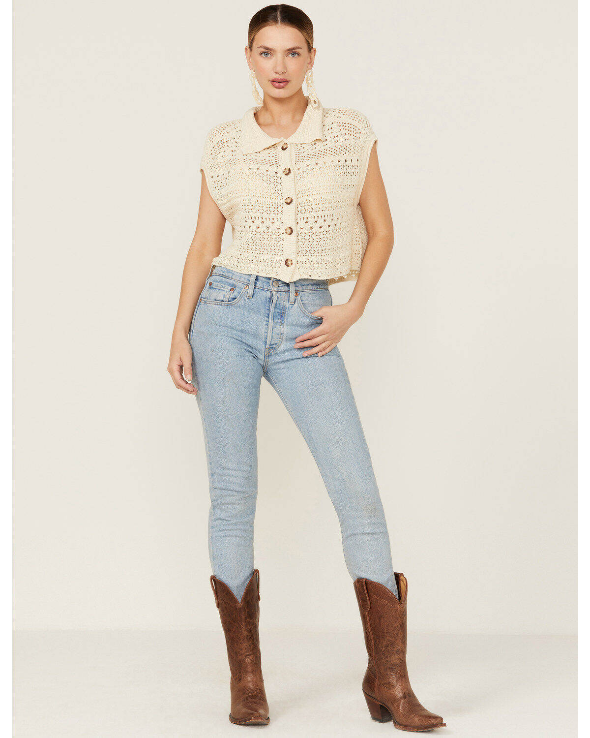 Beyond The Radar Women's Cream Crochet Sleeveless Sweater Top