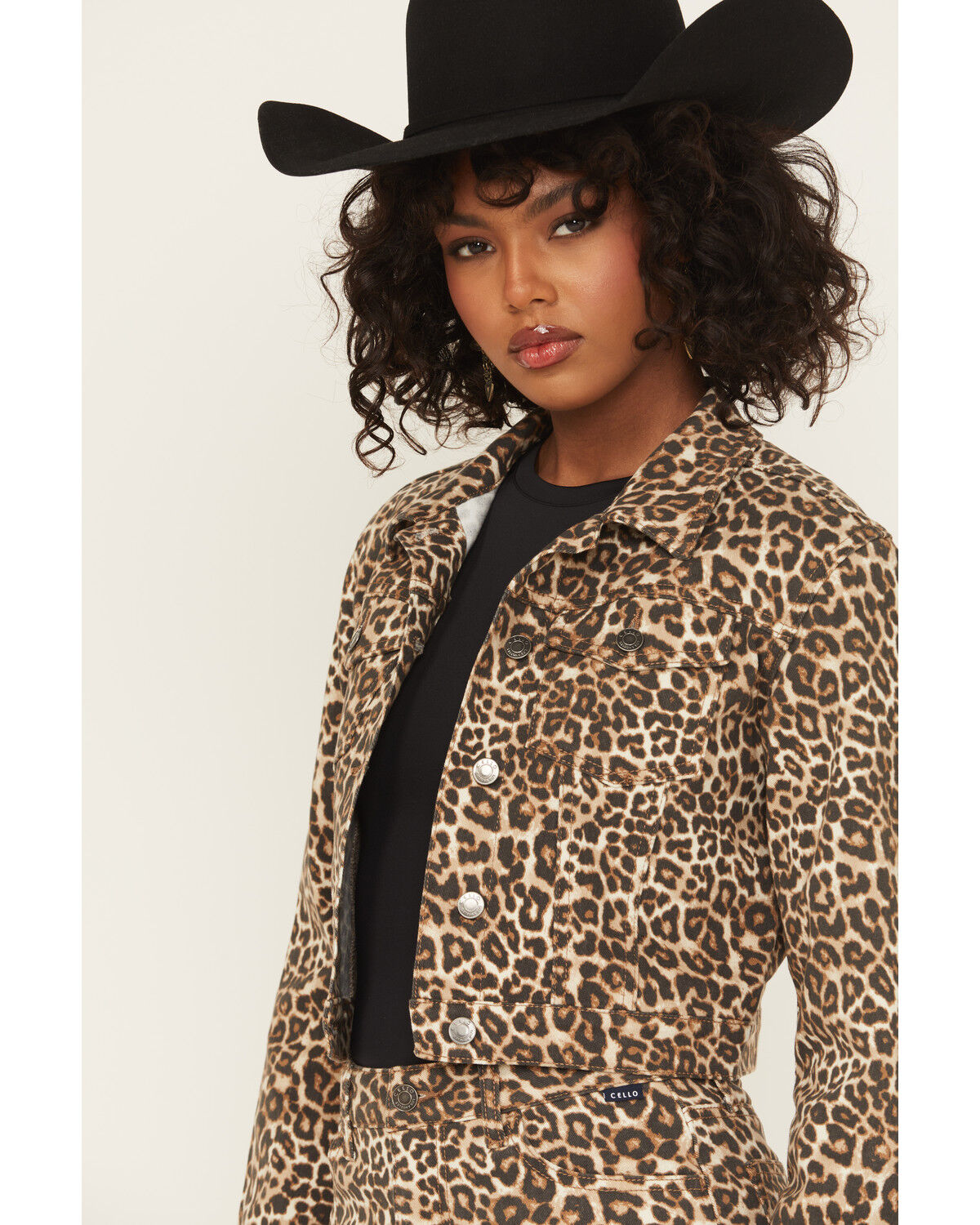 Cello Women's Leopard Print Oversized Cropped Denim Jacket