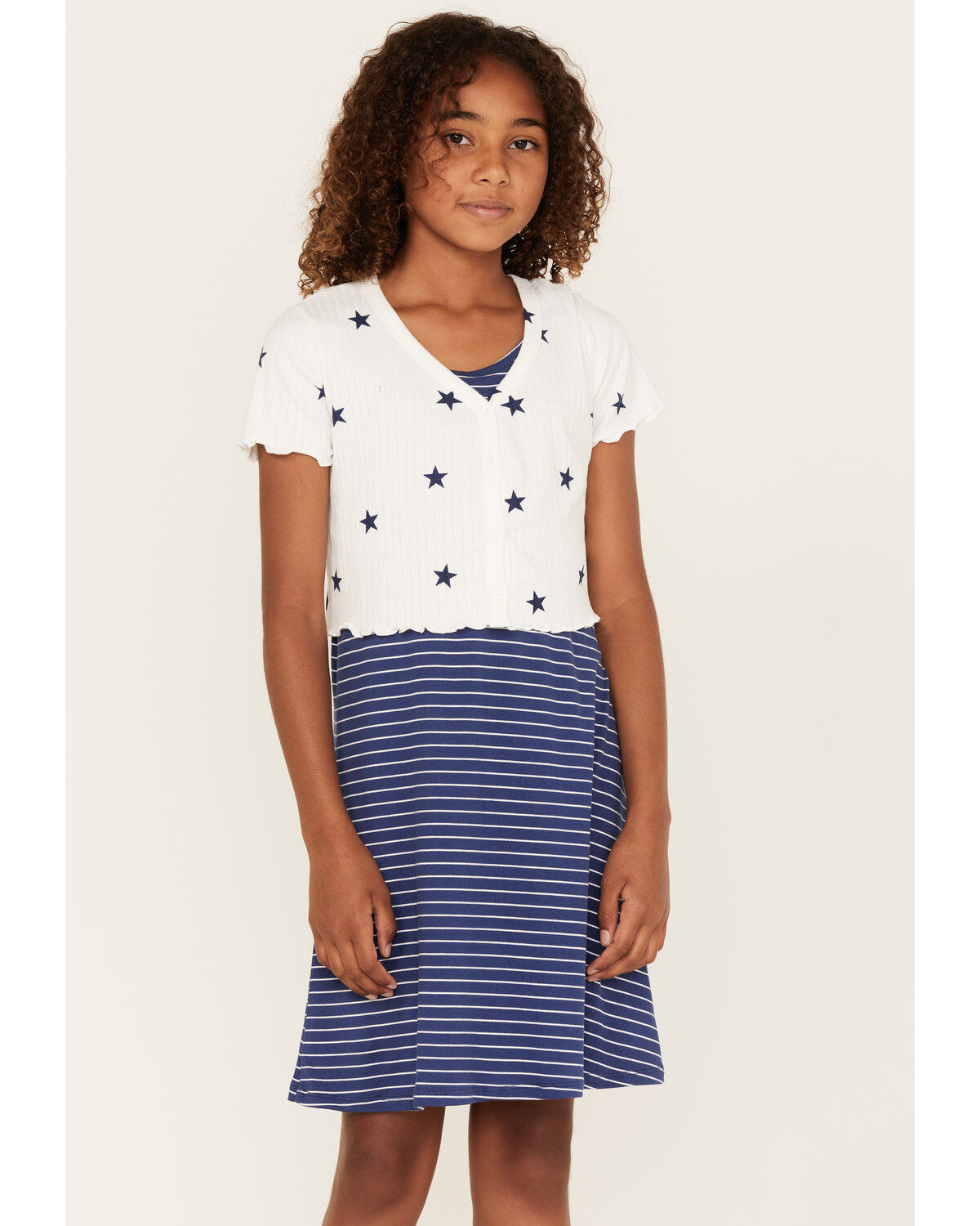 Self Esteem Girls' Star Print Cardigan & Stripe Dress Set - 2-Piece