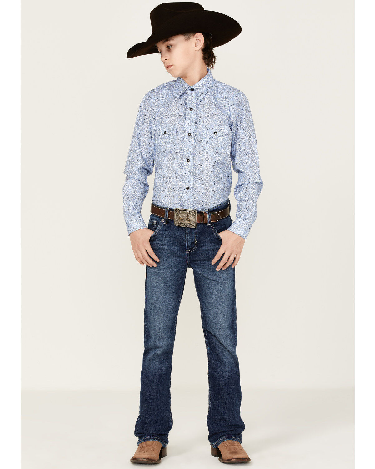 Rock & Roll Denim Boys' Medallion Print Long Sleeve Western Snap Shirt