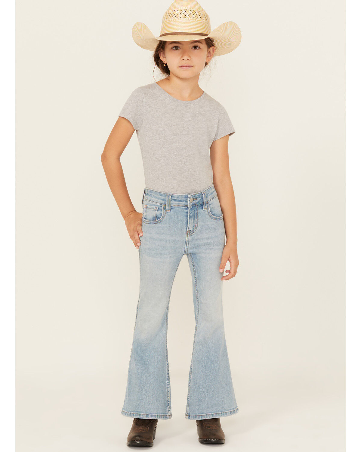 Shyanne Little Girls' Ophelia Floral Embroidered Light Wash Flare Stretch Denim Jeans