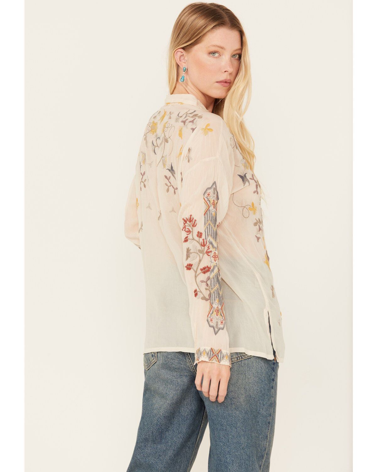 Johnny Was Women's Long Sleeve Floral Embroidered Blouse