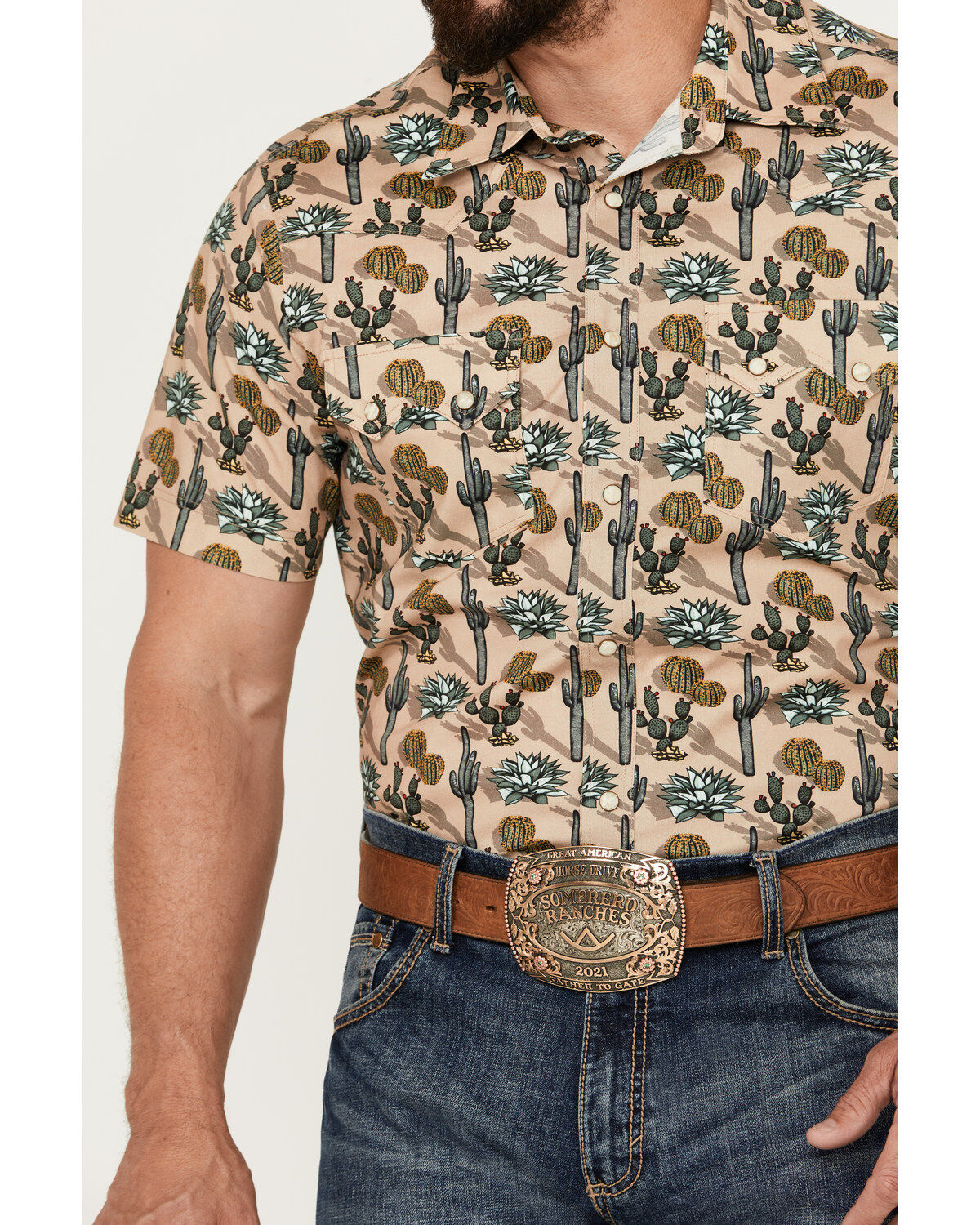 Rock & Roll Denim Men's Cactus Print Stretch Short Sleeve Snap Western Shirt