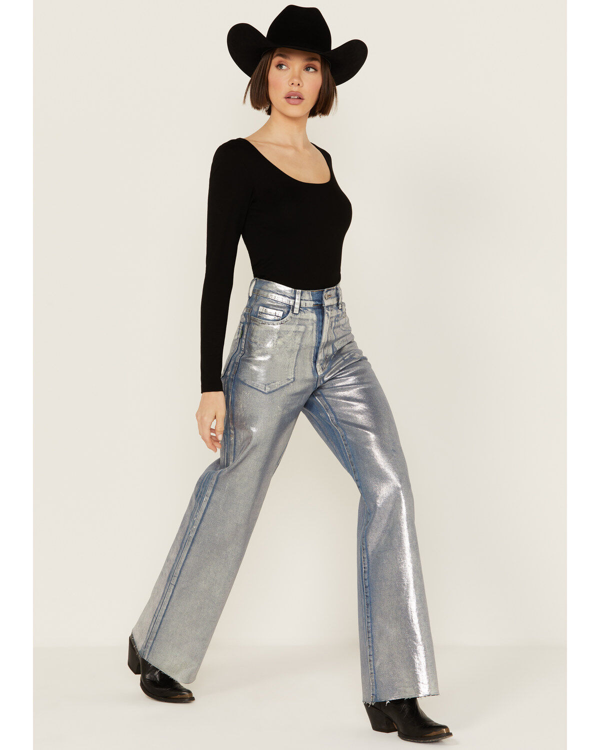 Vibrant Denim Women's Medium Wash Metallic Wide Leg Denim Jeans