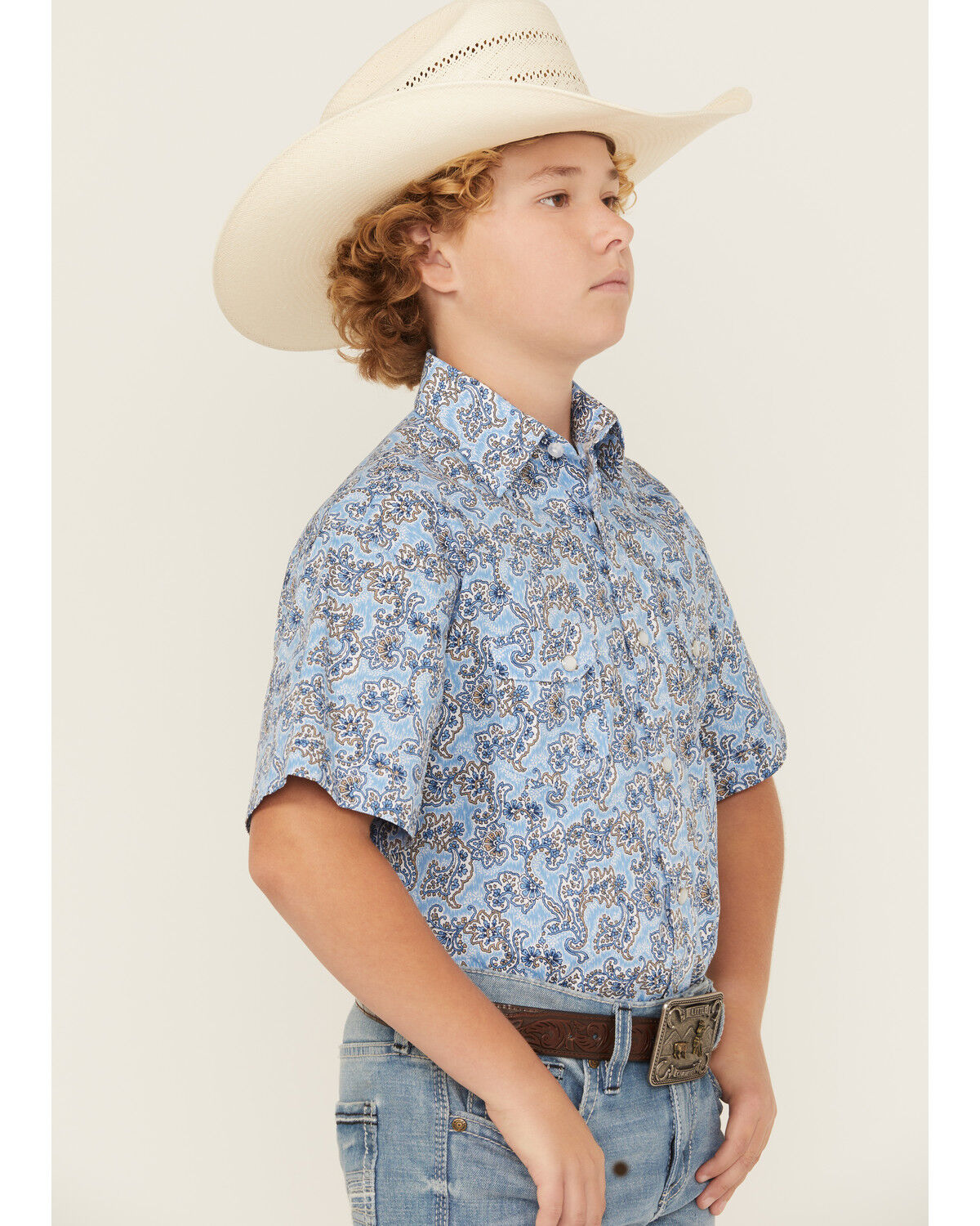 Rock & Roll Boys' Paisley Print Short Sleeve Pearl Snap Stretch Western Shirt