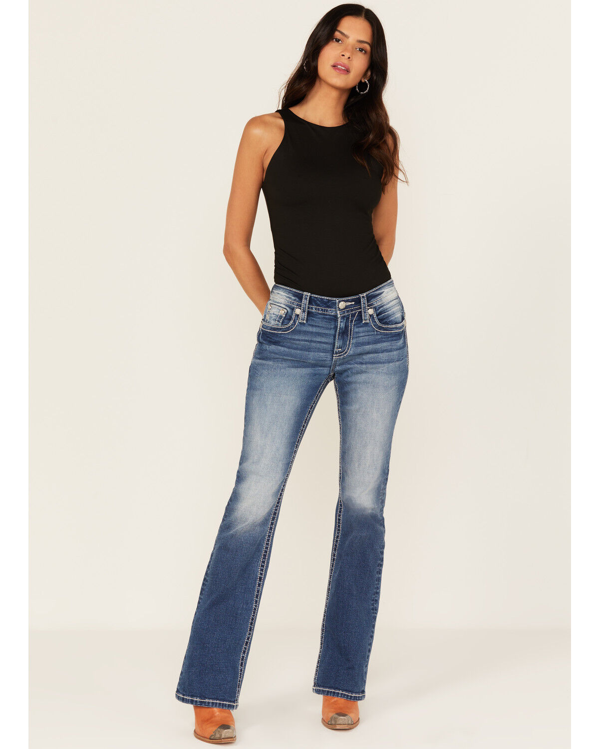 Miss Me Women's Medium Wash Mid Rise Southwestern Print Pocket Bootcut Stretch Denim Jeans