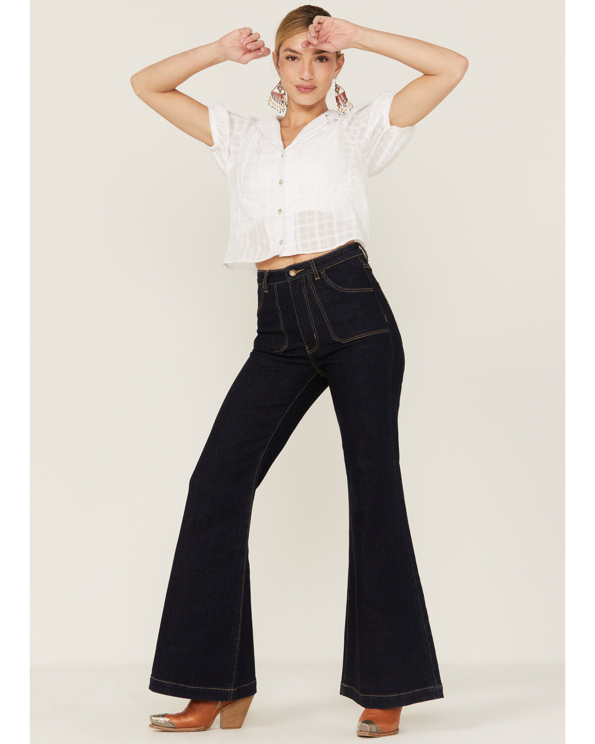 Wild Moss Women's Puff Sleeve Shadow Plaid Print Button Front Blouse