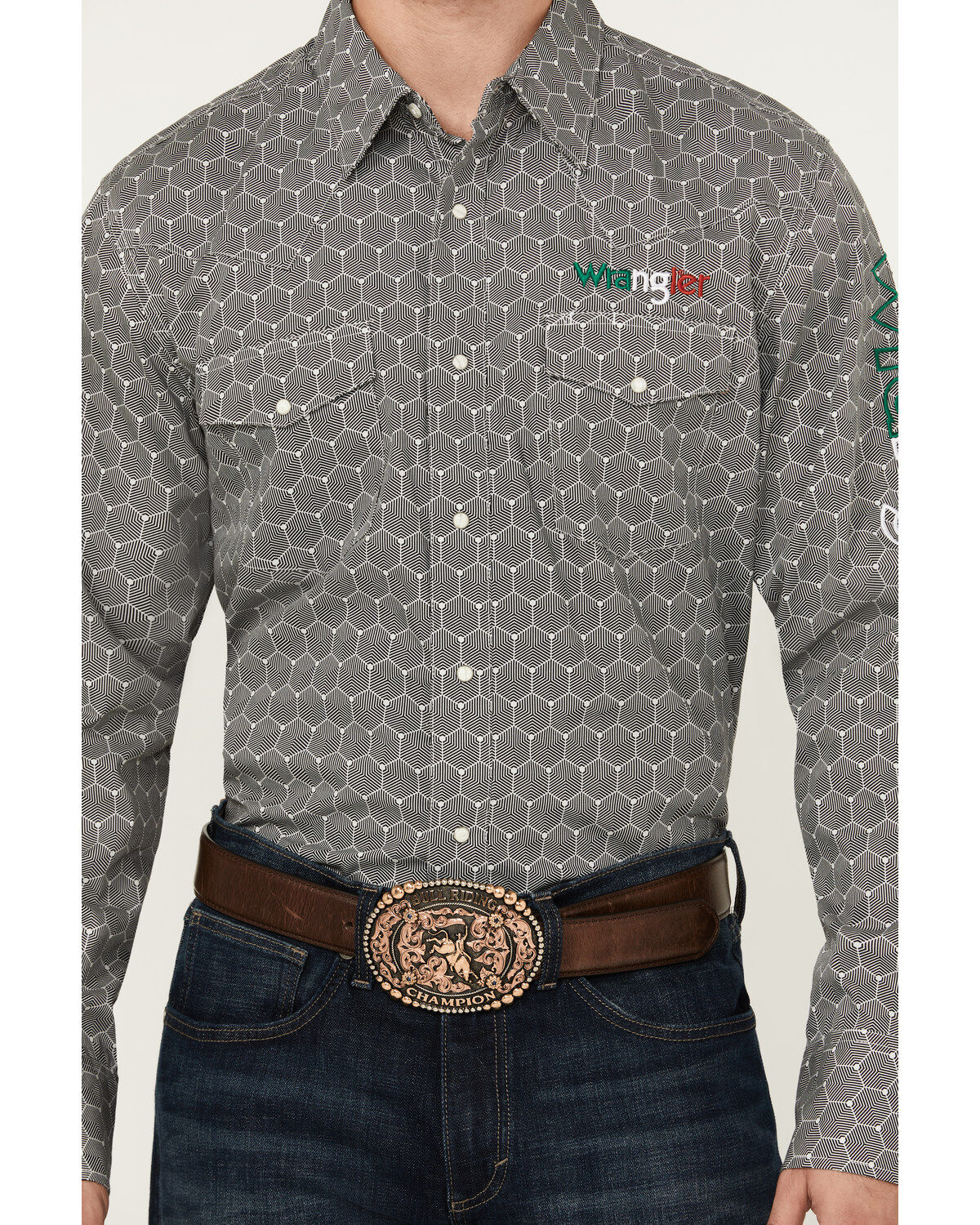 Wrangler Men's Mexico Logo Geo Print Long Sleeve Snap Western Shirt