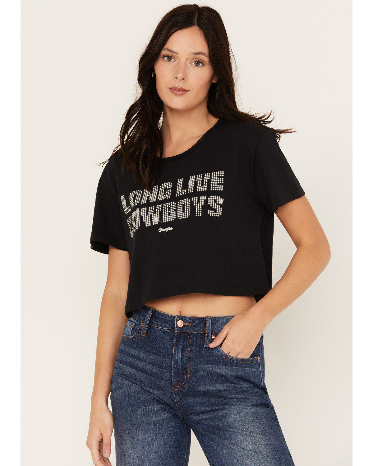 Wrangler Women's Long Live Cowboys Short Sleeve Graphic Cropped Tee