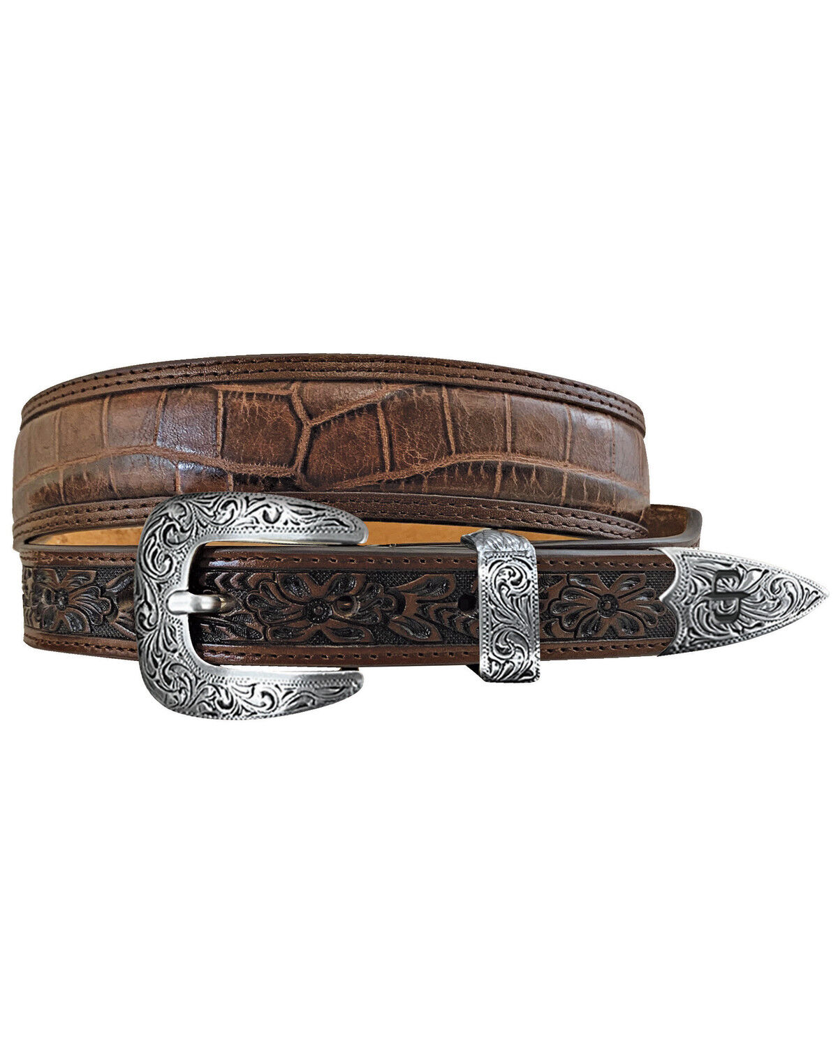 Stetson Men's Crocodile Print Tooled Leather Belt