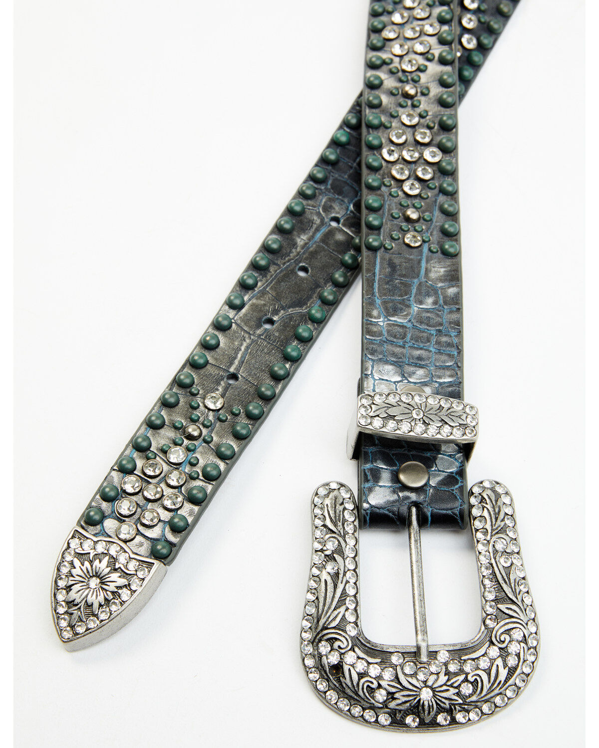 Shyanne Women's Silver Distressed Croc Turquoise & Rhinestone Bling Belt
