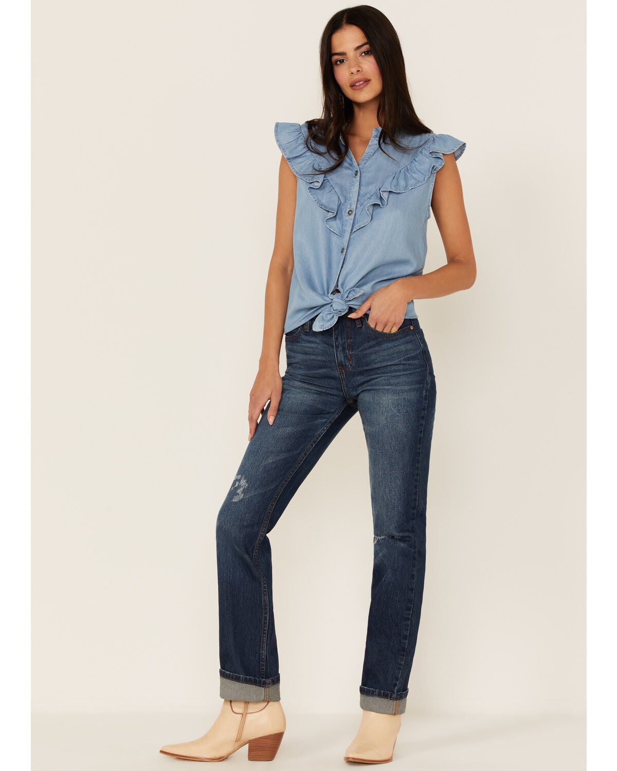 Tasha Polizzi Women's Chambray Ruffle Sleeveless Shirt