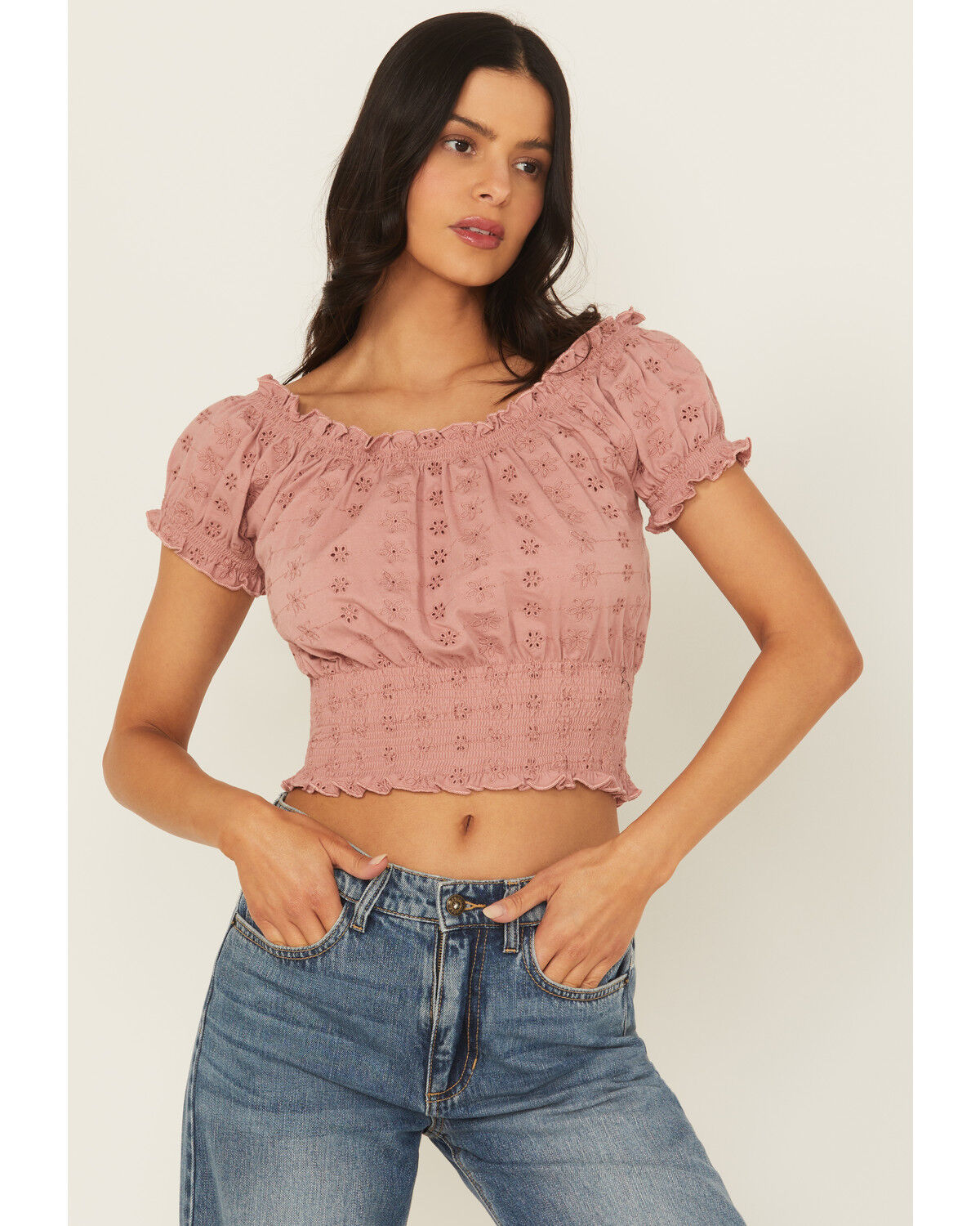 Cleo + Wolf Women's Eyelet Smocked Short Sleeve Crop Top