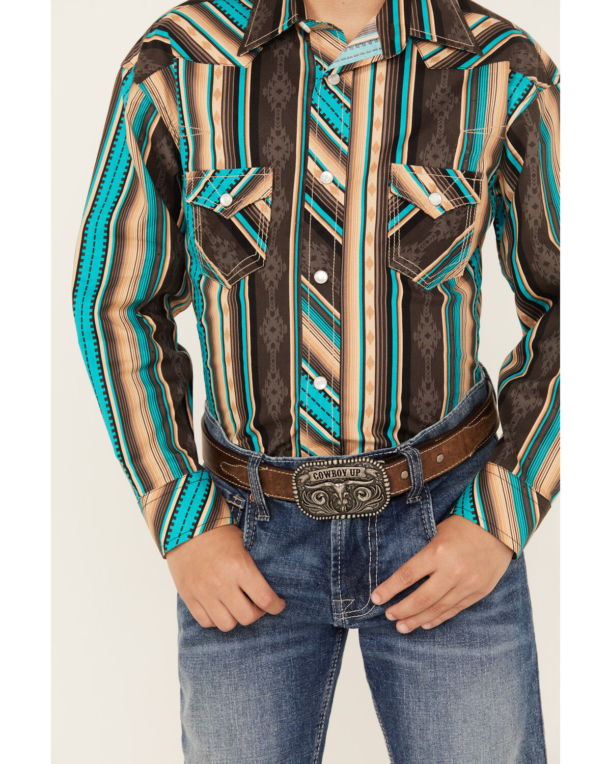 Rock & Roll Denim Boys' Southwestern Stripe Print Long Sleeve Snap Stretch Western Shirt