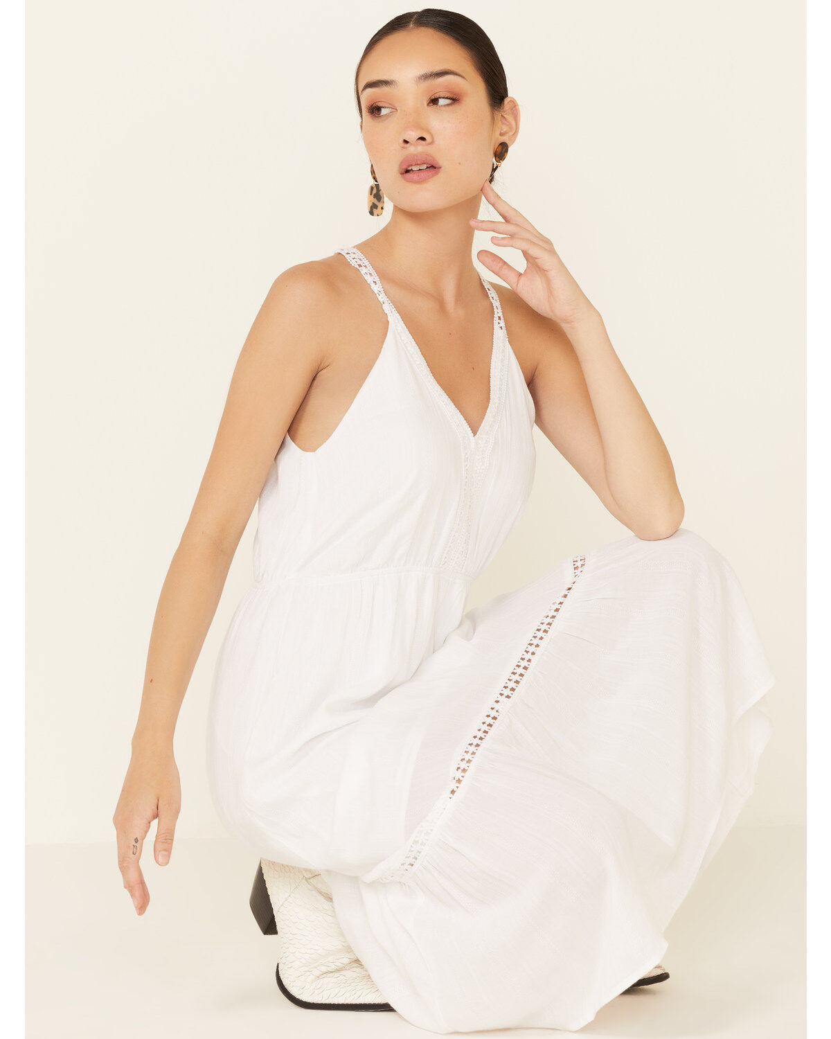 Molly Bracken Women's White Lace Trim Maxi Dress