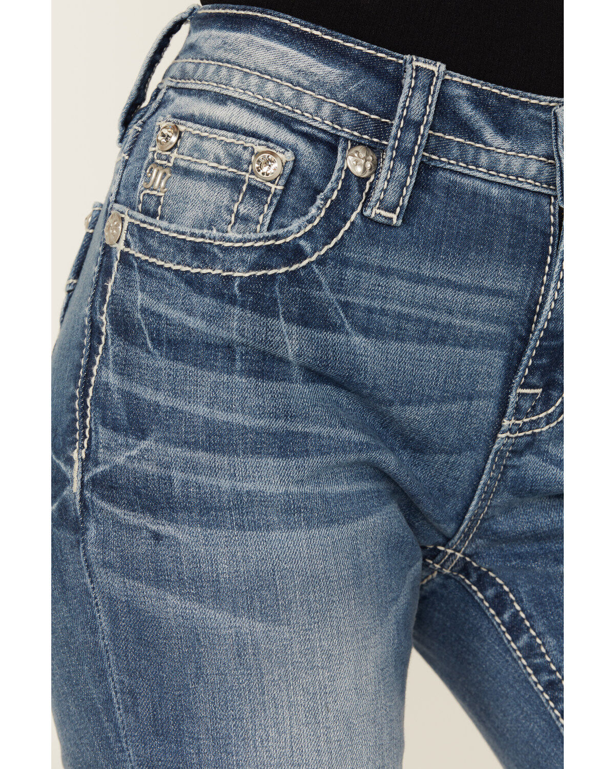 Miss Me Women's Medium Wash Mid Rise Floral Pocket Bootcut Stretch Denim Jeans