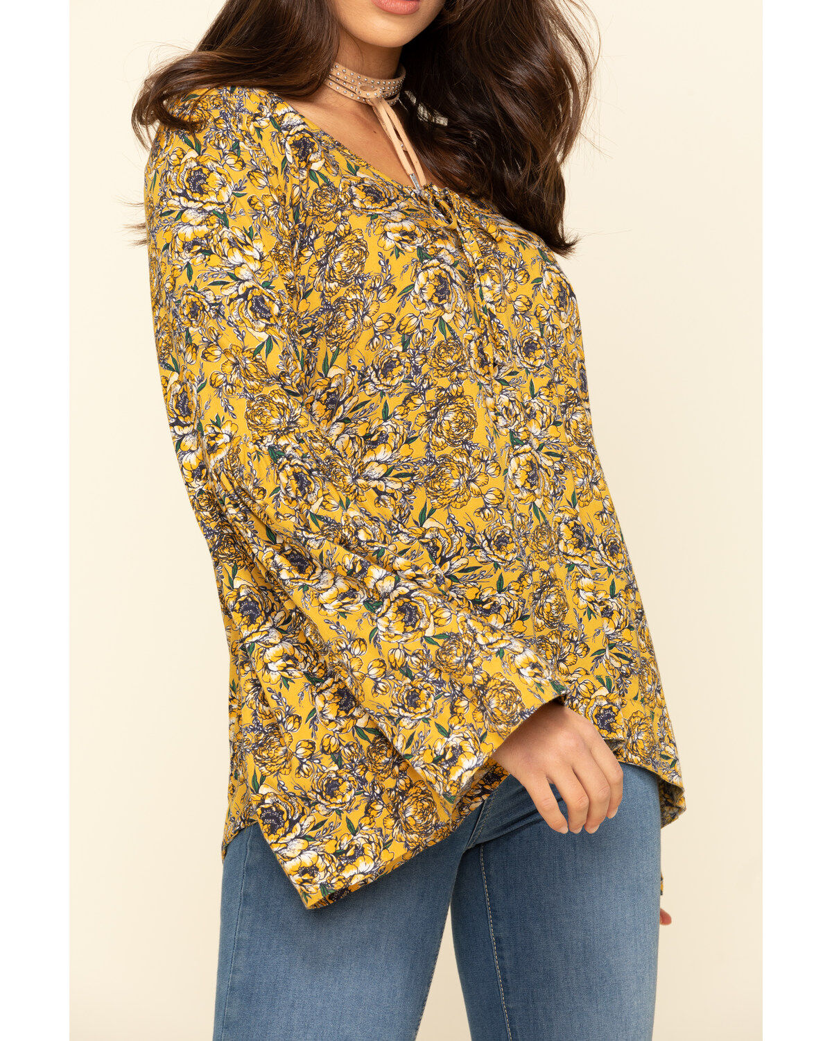 Rock & Roll Denim Women's Yellow Floral Bell Sleeve Top