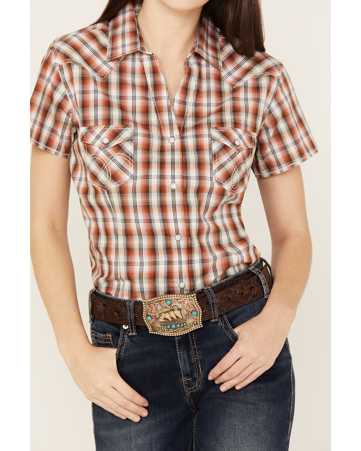 Rough Stock by Panhandle Women's Plaid Print Stretch Short Sleeve Western Snap Shirt