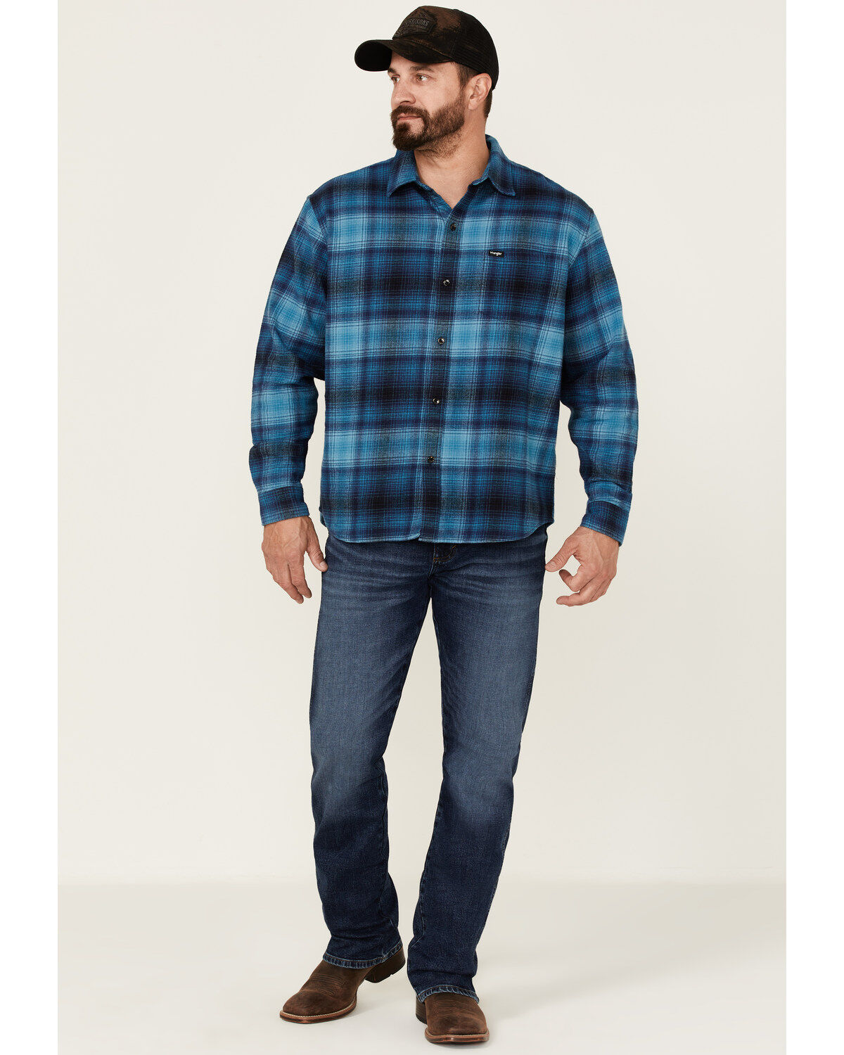 Wrangler X Fender Men's Plaid Tour Back Patch Button-Down Shirt Flannel Jacket