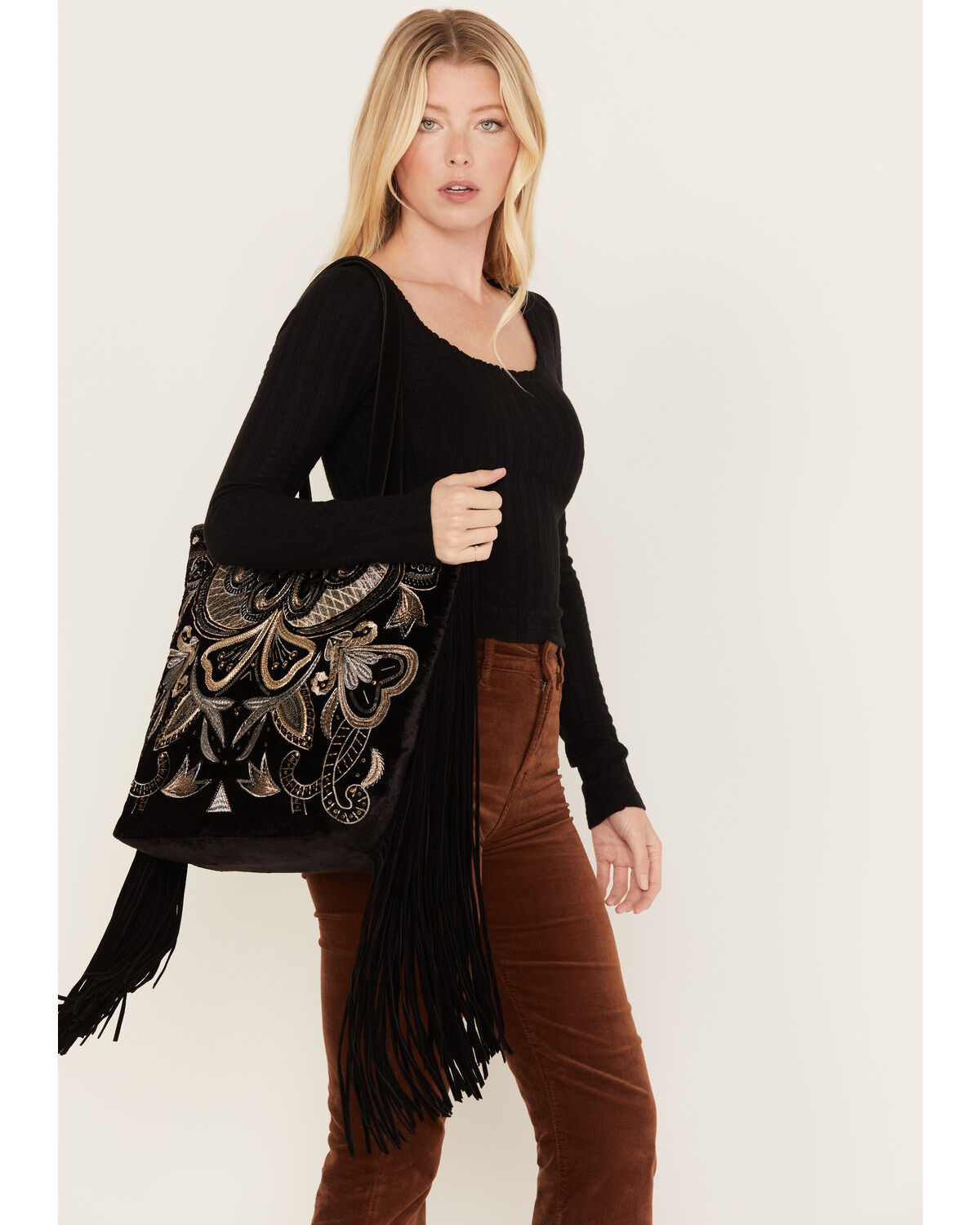 Shyanne Women's Velvet Embroidered Beaded & Fringe Tote