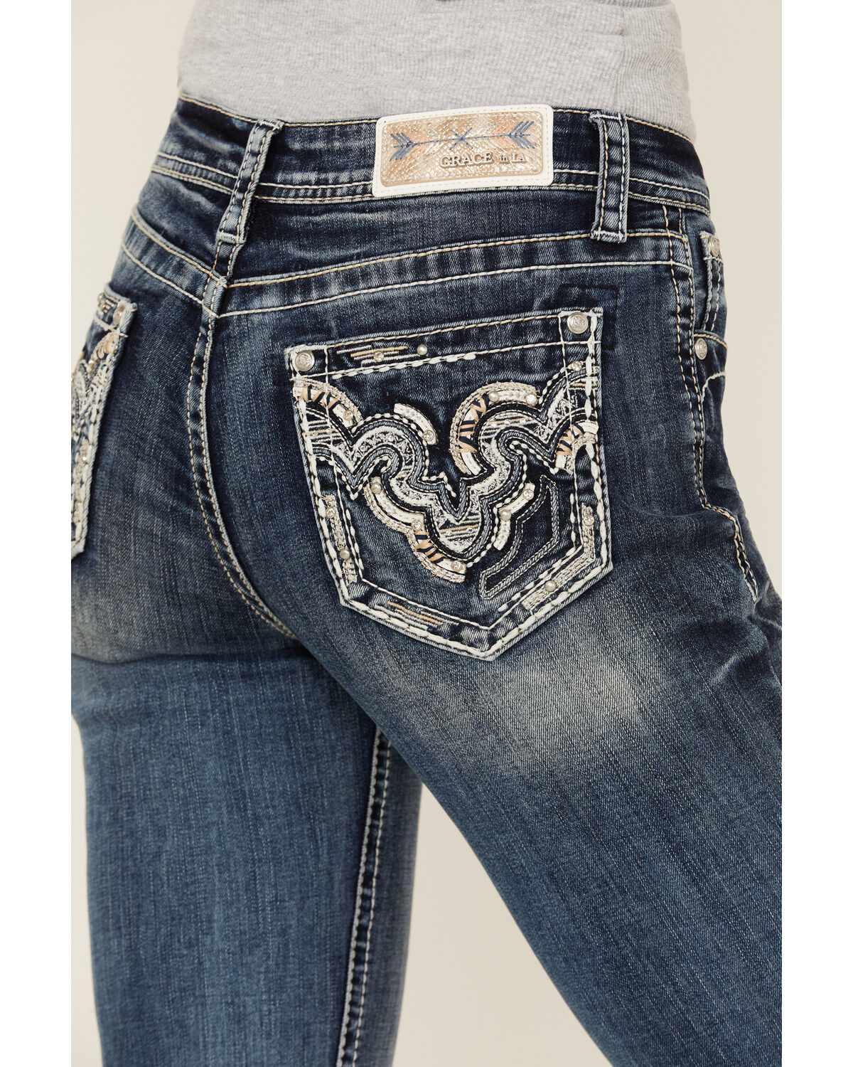 Grace in LA Women's Medium Wash Mid Rise Swirl Pocket Bootcut Stretch Denim Jeans