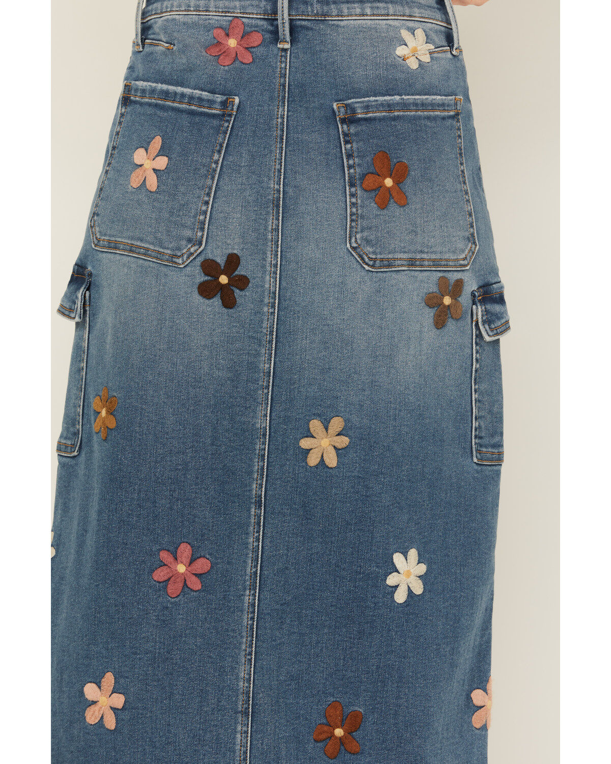 Driftwood Women's Medium Wash Floral Embroidered Denim Cargo Midi Skirt