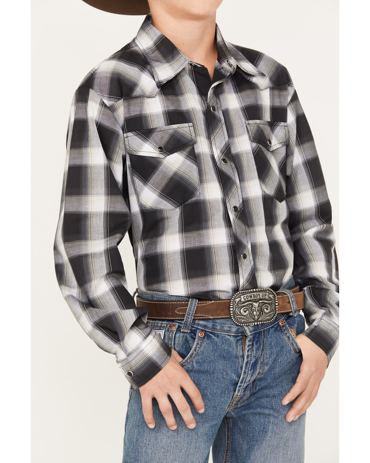Roper Boys' Plaid Print Long Sleeve Snap Western Shirt