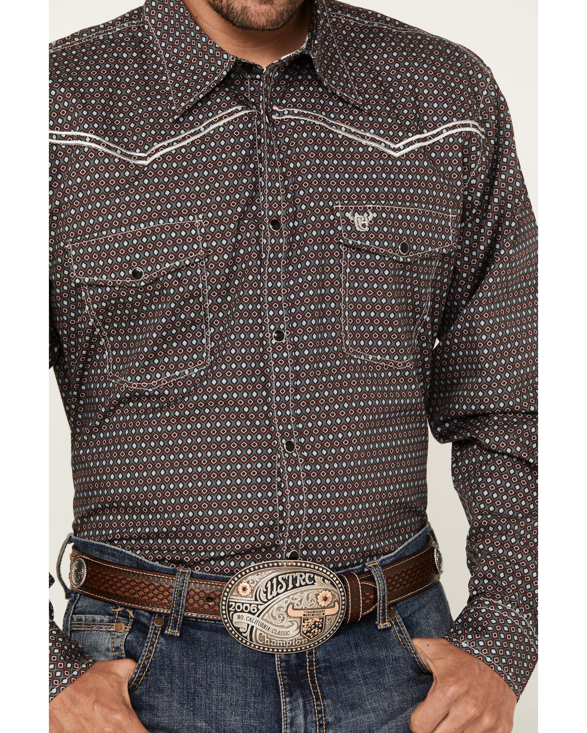Cowboy Hardware Men's Curvy Diamond Geo Print Long Sleeve Western Snap Shirt