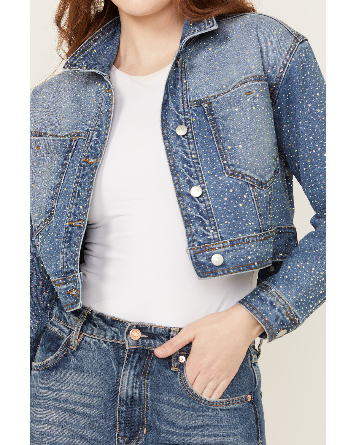 Vibrant Denim Women's Rhinestone Embellished Cropped Denim Jacket