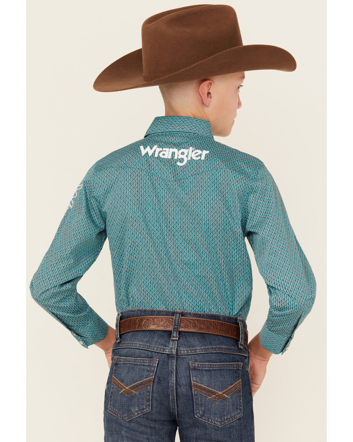 Wrangler Boys' Logo Sleeve Printed Long Sleeve Snap Western Shirt