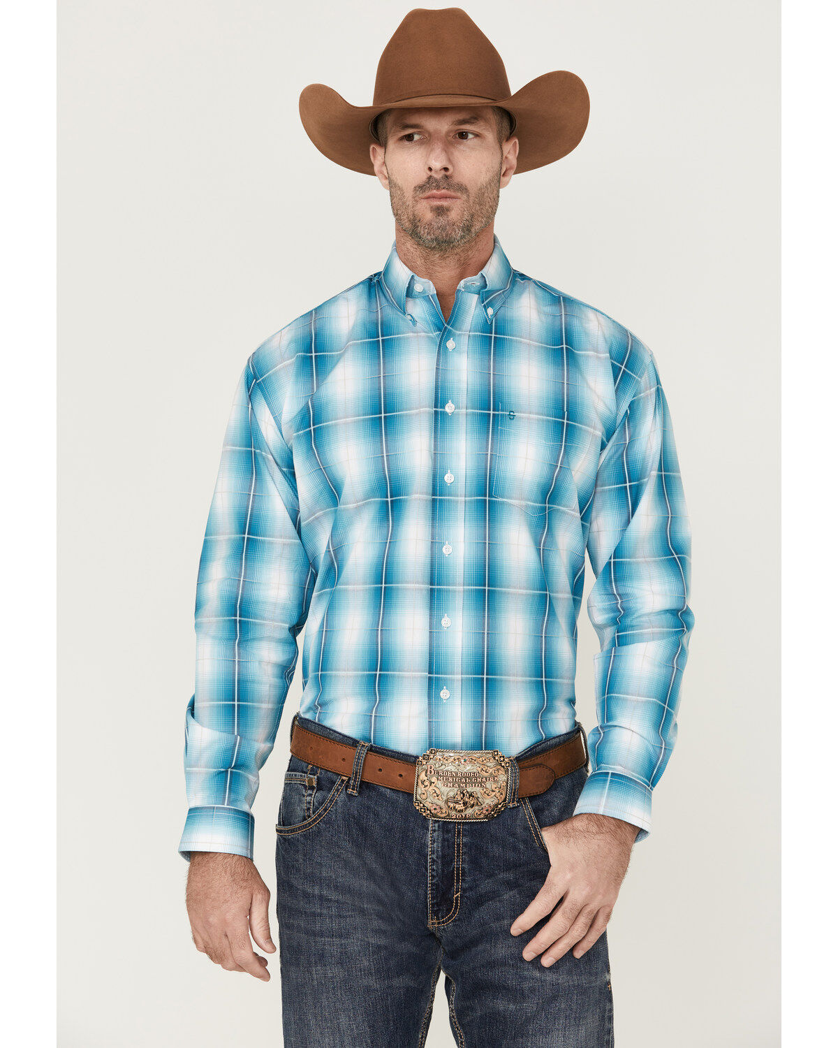 Stetson Men's Large Ombre Plaid Print Long Sleeve Button Down Western Shirt