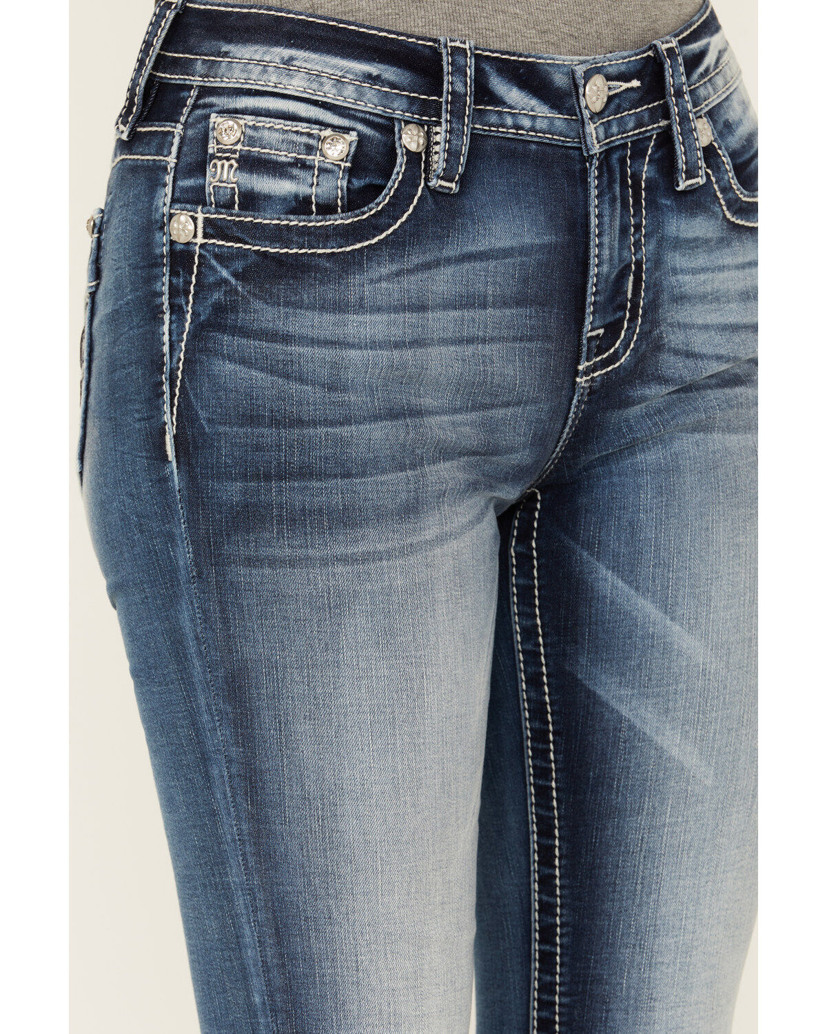 Miss Me Women's Medium Wash Mid Rise Wing Pocket Stretch Bootcut Jeans