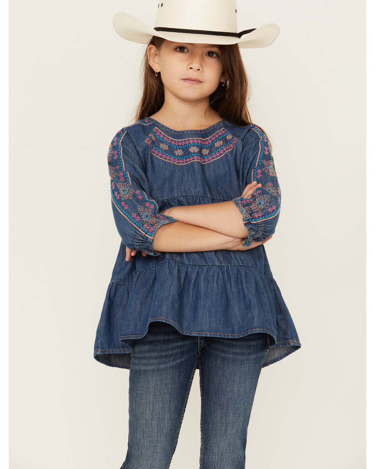 Wrangler Girls' Dark Wash Denim Embroidered Tunic Shirt