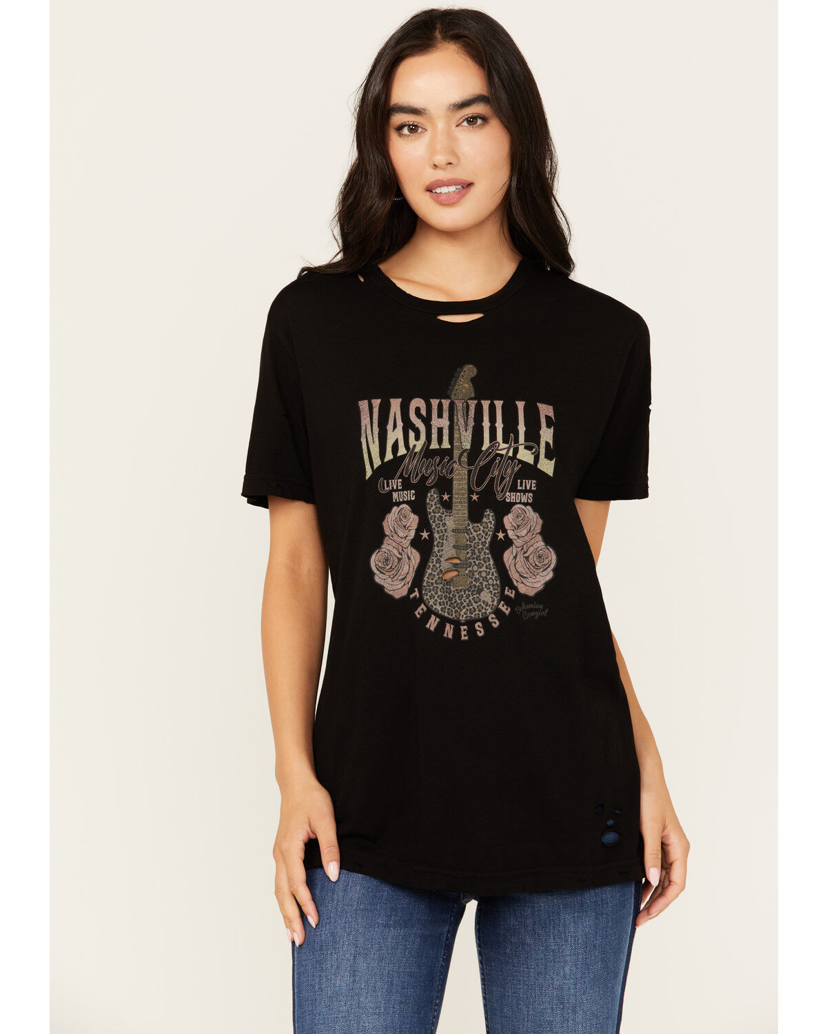 Bohemian Cowgirl Women's Nashville Leopard Guitar Destructed Short Sleeve Graphic Tee