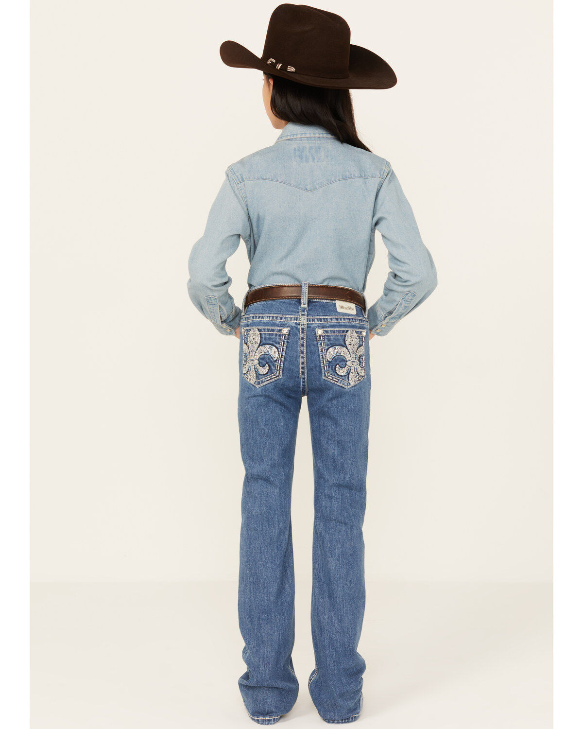 Miss Me Girls' Dark Wash Sequins Fleur de Lis Stretch Bootcut Jeans