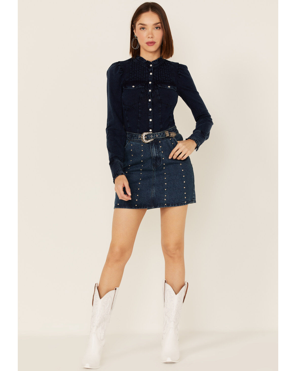 Rock & Roll Denim Women's Dark Wash Studded Belted Western Denim Mini Skirt